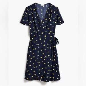 J. Crew Drapey Twill Wrap Dress in Navy Blue and Lemon Print NWOT Size 16
